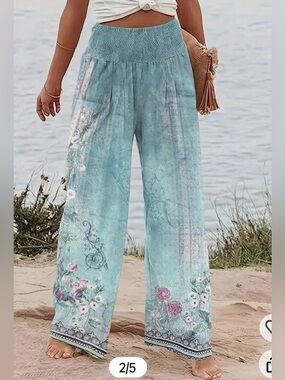 Boho Wide-Leg Floral Palazzo Pants in Aqua 100% polyester material